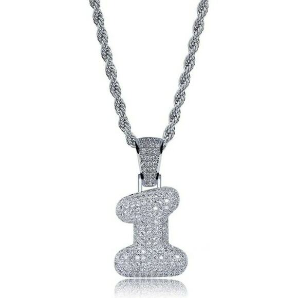 Silver Number Chain Pendant Necklace Women Men Iced Out Cubic Zirconia "1" Charm - Picture 1 of 3